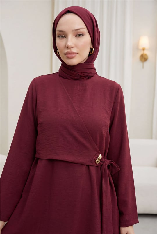 Beli Çapraz Bağlamalı Pantolonlu Modal Takım  -Bordo