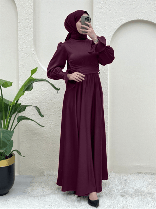 Beli Çapraz Bağlamalı Saten Abiye -Mürdüm