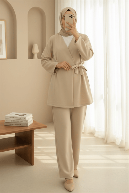 Beli Çift Bağlamalı Scuba Kimono Takım  -Bej