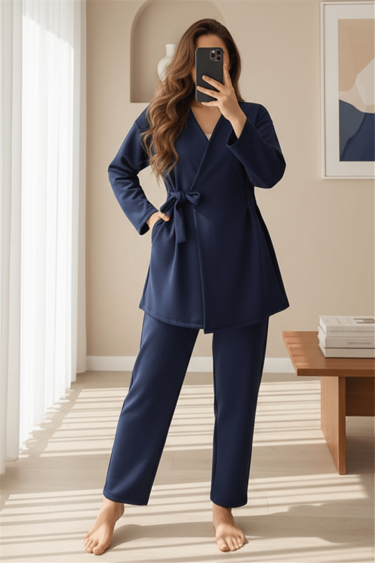 Beli Çift Bağlamalı Scuba Kimono Takım  -Laci