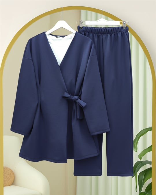 Beli Çift Bağlamalı Scuba Kimono Takım  -Laci