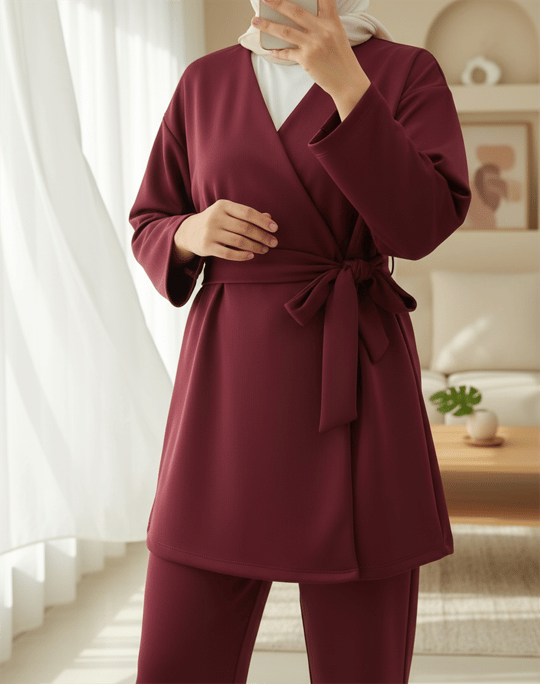 Beli Çift Bağlamalı Scuba Kimono Takım  -Bordo