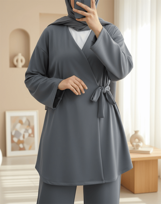 Beli Çift Bağlamalı Scuba Kimono Takım  -Füme