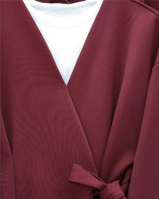 Beli Çift Bağlamalı Scuba Kimono Takım  -Bordo