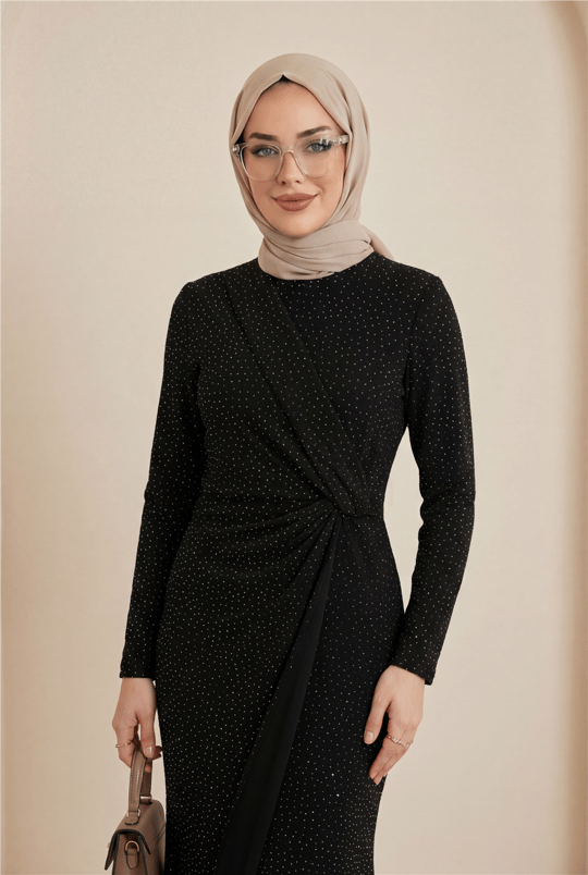 Beli Drapeli Önü Çift Kat Serpme Taş Detaylı Abiye -Siyah