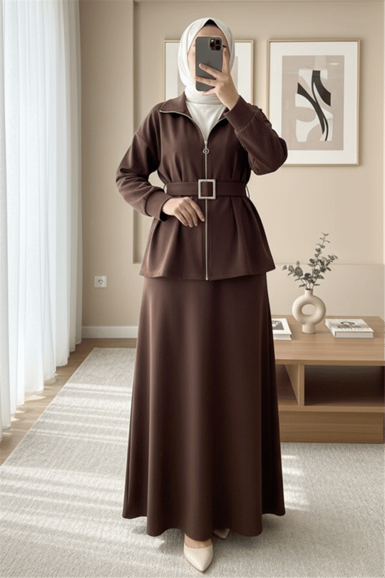 Beli Katlamalı Önü Fermuarlı Kemerli Etekli Penye Takım  -K. Kahve
