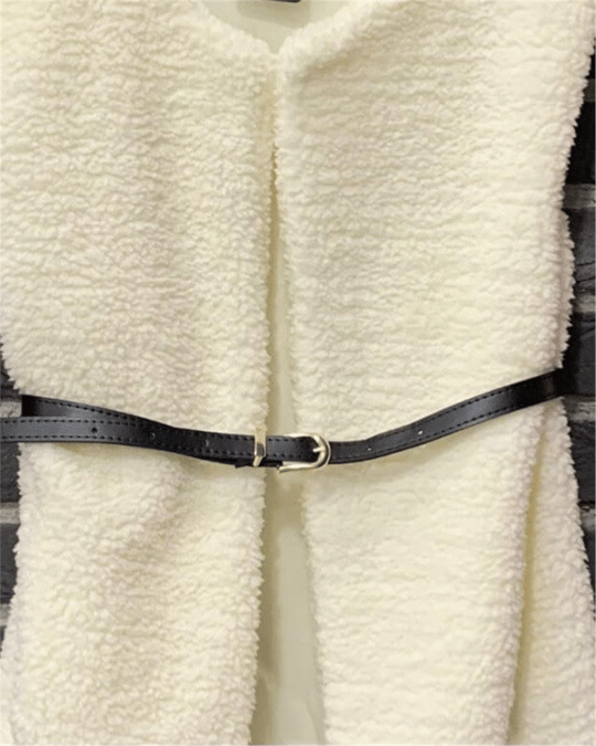 Beli Kemerli Çift Cepli Astarlı Peluş Yelek -Ekru