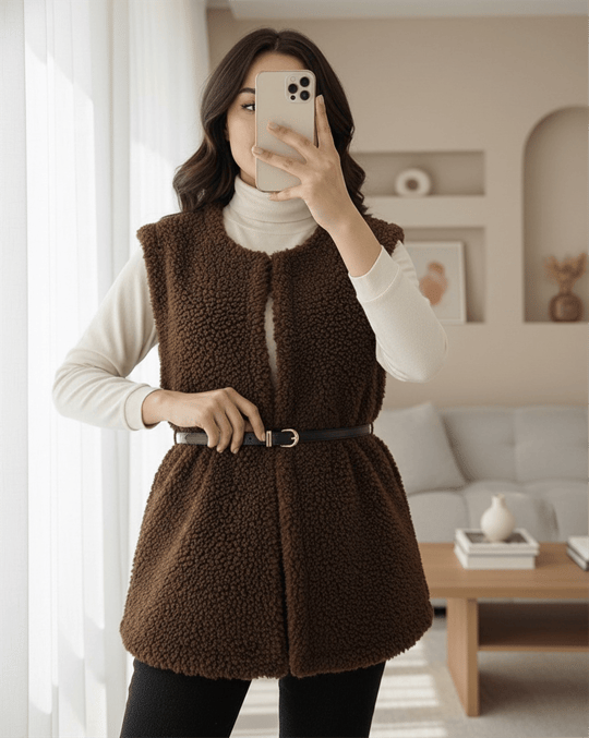 Beli Kemerli Çift Cepli Astarlı Peluş Yelek -Kahve