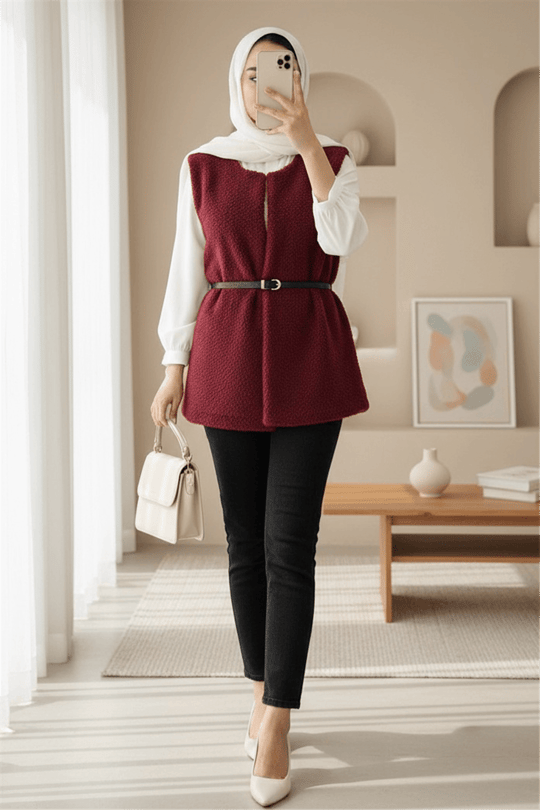 Beli Kemerli Çift Cepli Astarlı Peluş Yelek -Bordo