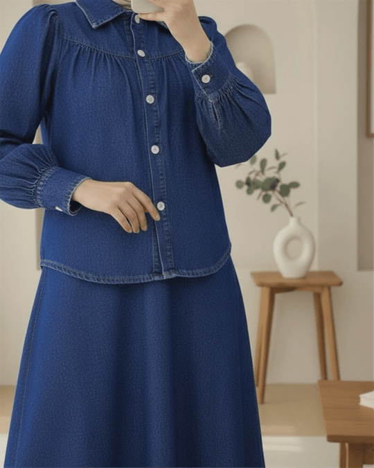 Beli Kemerli Önü Düğmeli Etekli Kot Takım -Laci