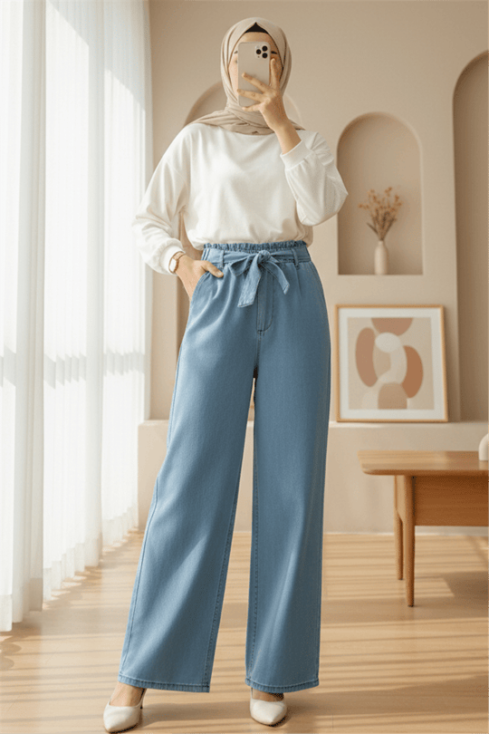 Beli Kuşaklı Lastikli Cepli Kot Pantolon -Buz Mavi