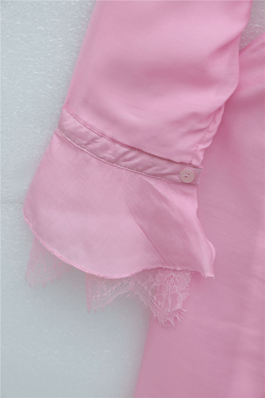 Beli Kuşaklı Lastikli Yarım Düğmeli Yakası Bağlamalı Fırfırlı Astarlı Cupra Elbise     -Pembe