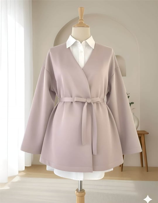 Beli Kuşaklı V Yaka  Scuba Kimono  -Bej