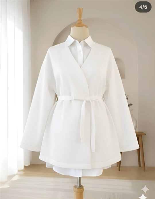 Beli Kuşaklı V Yaka  Scuba Kimono  -Beyaz