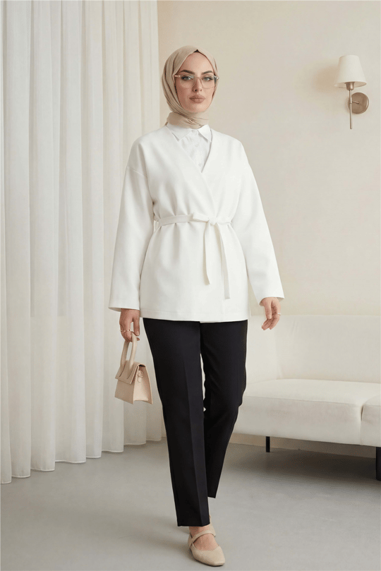Beli Kuşaklı V Yaka  Scuba Kimono  -Beyaz