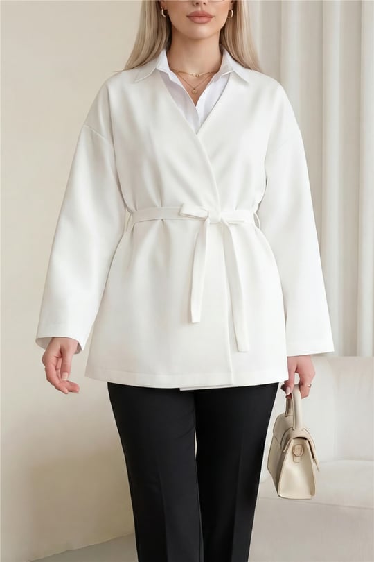 Beli Kuşaklı V Yaka  Scuba Kimono  -Beyaz