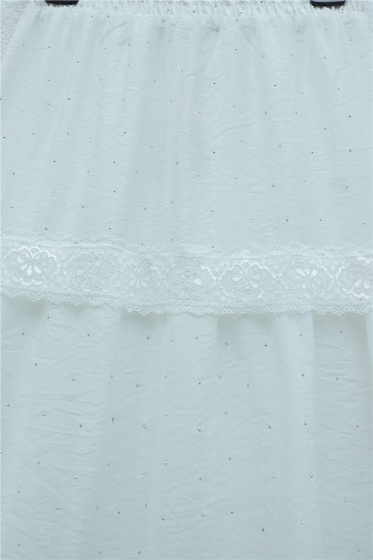 Beli Lastikli Astarlı Taş Ve Dantel Detaylı Vual Etek -Beyaz