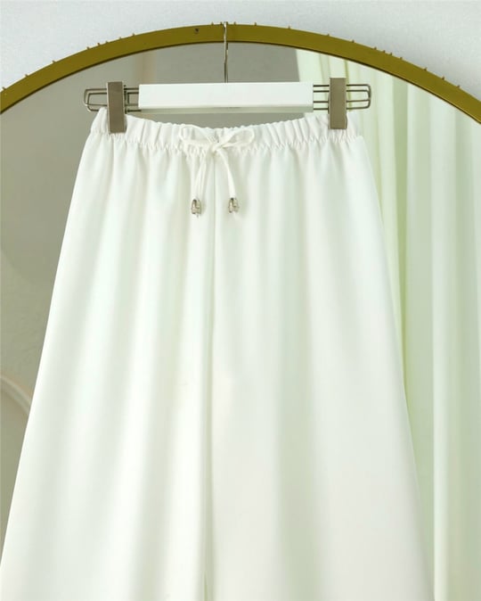 Beli Lastikli Bağcık Detaylı Bol Paça Sofya Keten Pantolon -Beyaz