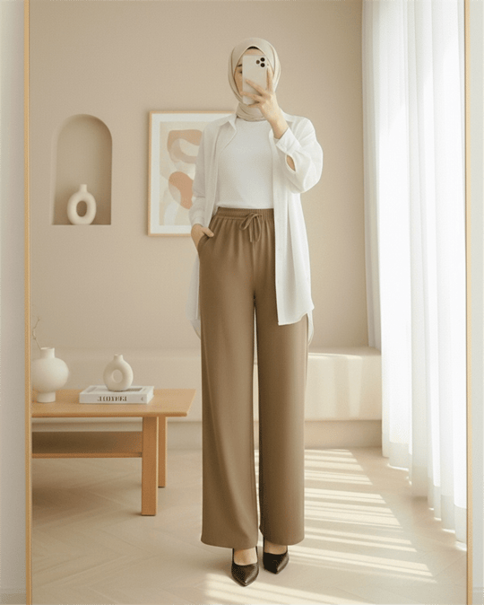 Beli Lastikli Bağcık Detaylı Bol Paça Sofya Keten Pantolon  -Tarçın