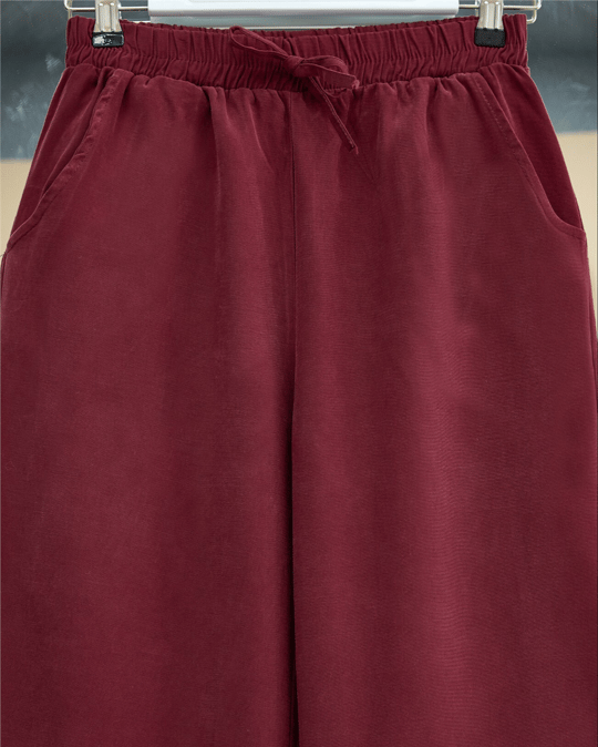 Beli Lastikli Bağcık Detaylı Cepli Bol Paça Tensel Pantolon -Bordo