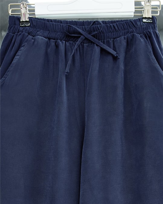 Beli Lastikli Bağcık Detaylı Cepli Bol Paça Tensel Pantolon -Laci
