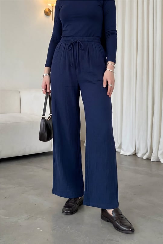 Beli Lastikli Bağcıklı Bol Paça Müslin Pantolon  -Laci