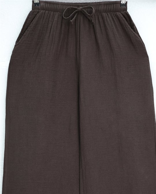 Beli Lastikli Bağcıklı Bol Paça Müslin Pantolon  -Kahve