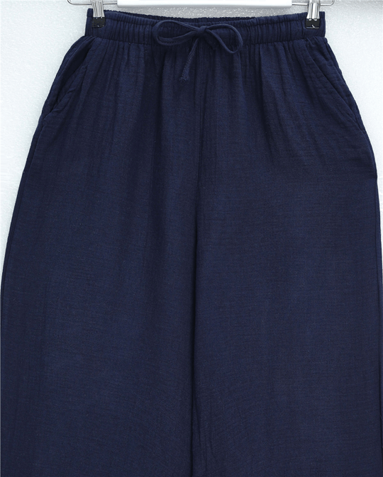 Beli Lastikli Bağcıklı Bol Paça Müslin Pantolon  -Laci