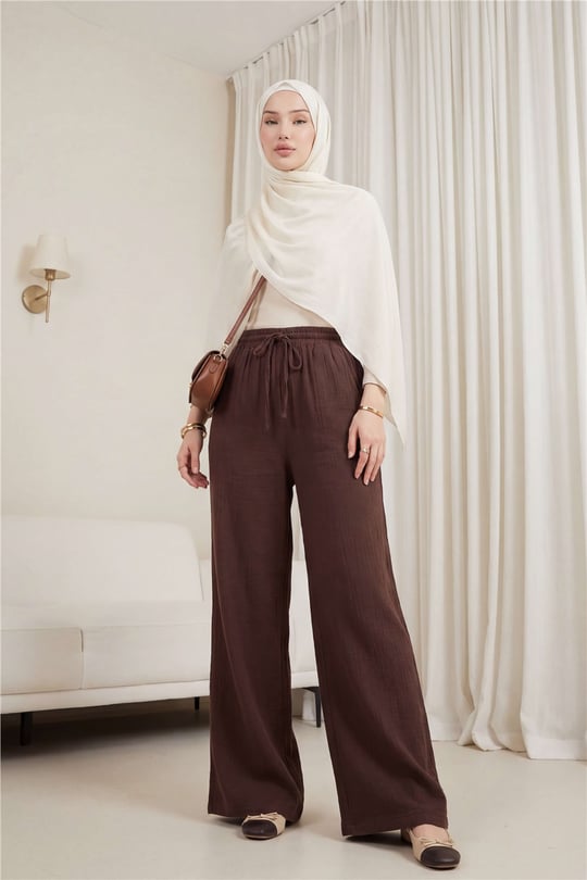 Beli Lastikli Bağcıklı Bol Paça Müslin Pantolon  -Kahve