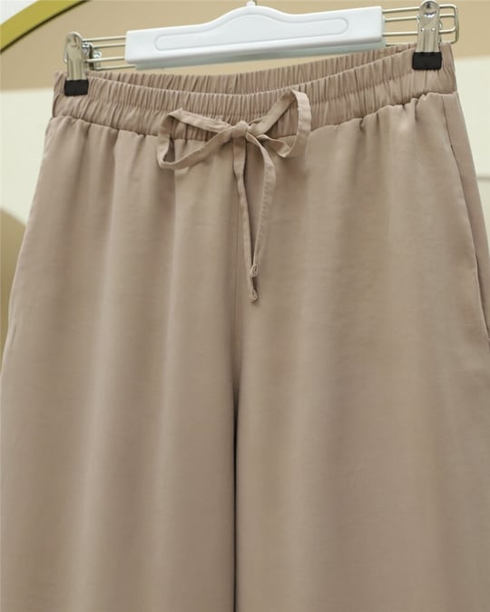 Beli Lastikli Bağcıklı Bol Paça Salaş Pantolon  -Vizon