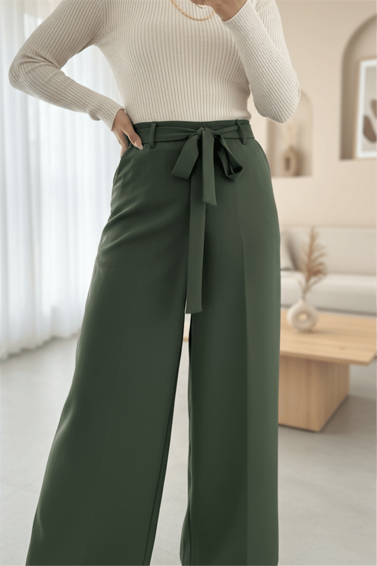 Beli Lastikli Bağlamalı  Bol Paça Pantolon  -Haki