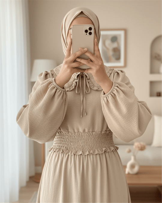 Beli Lastikli Bebe Yaka Uzun Kol Bluz   -Bej
