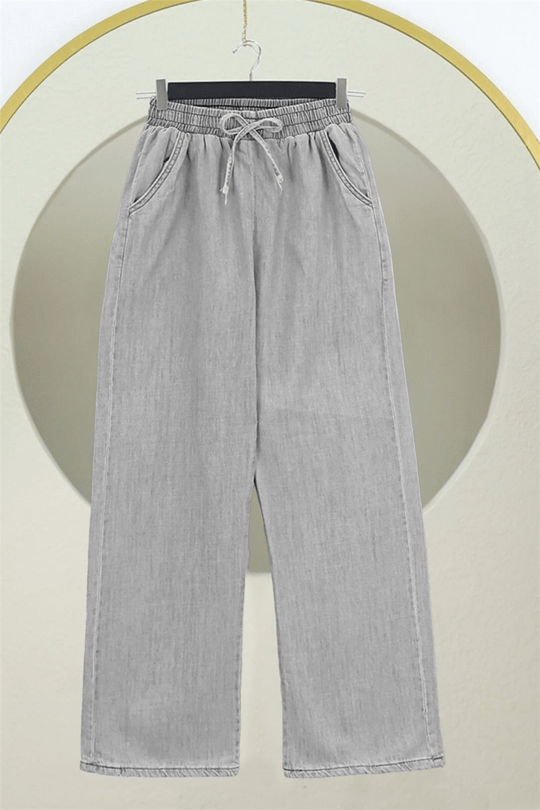 Beli Lastikli Cepli Bol Paça Kot Pantolon         -Gri