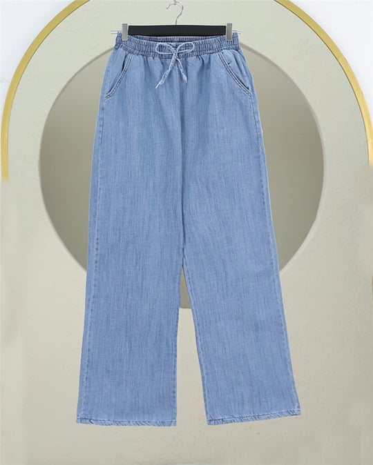 Beli Lastikli Cepli Bol Paça Kot Pantolon -Buz Mavi
