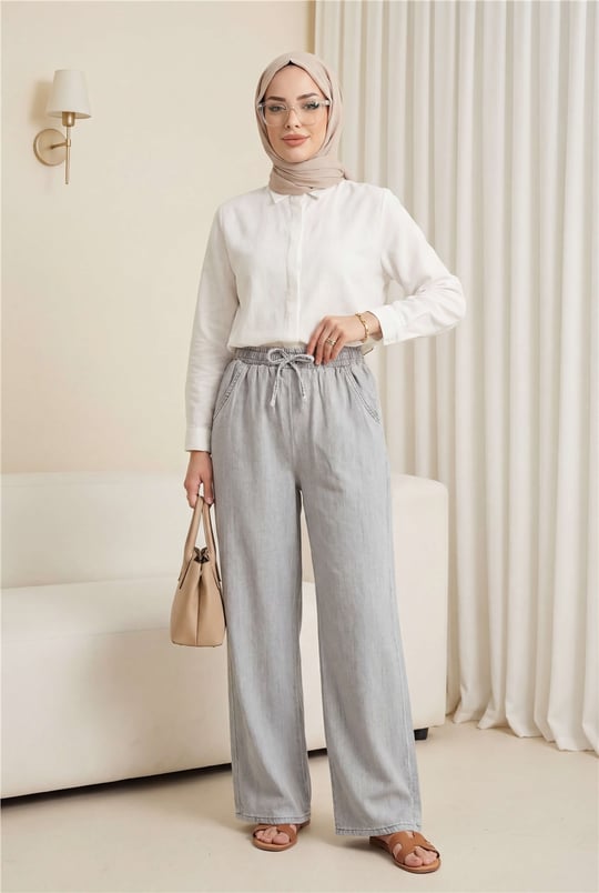 Beli Lastikli Cepli Bol Paça Kot Pantolon         -Gri