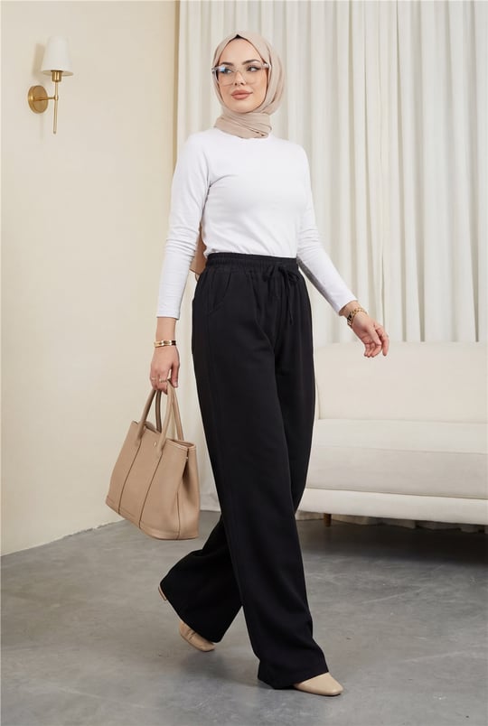 Beli Lastikli Cepli Bol Paça Kot Pantolon  -Siyah