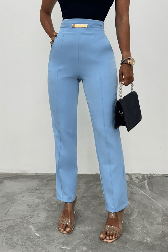 Beli Lastikli Cepli Metal Detaylı Pantolon -Bebe Mavi