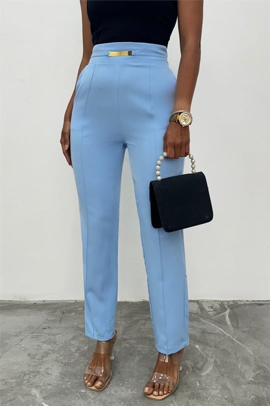 Beli Lastikli Cepli Metal Detaylı Pantolon -Bebe Mavi