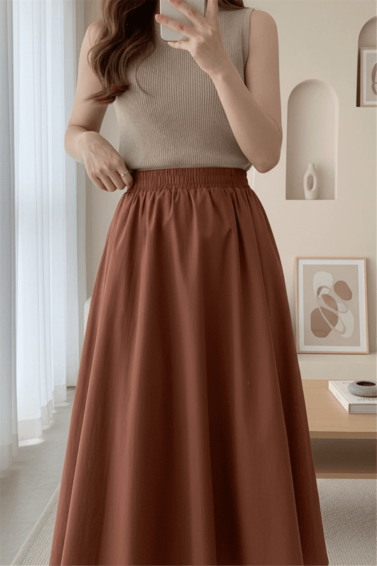 Beli Lastikli Çift Cepli Poplin Kloş Etek       -Kiremit