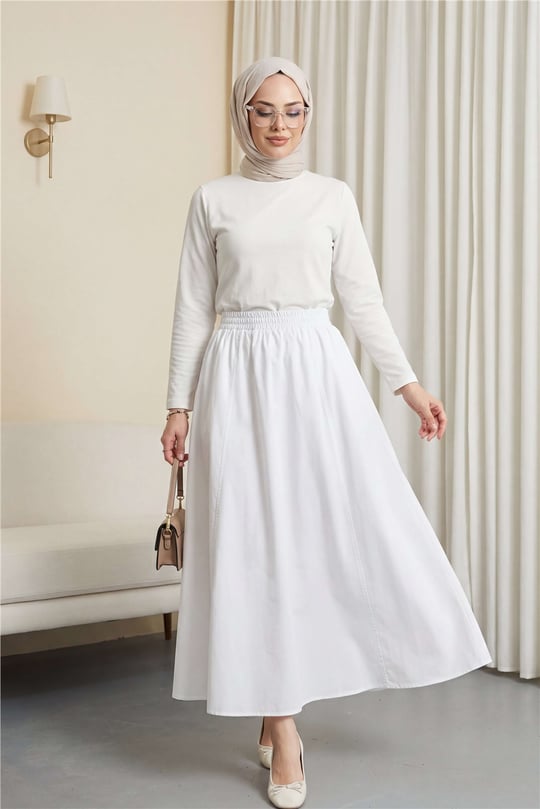 Beli Lastikli Çift Cepli Poplin Kloş Etek -Beyaz