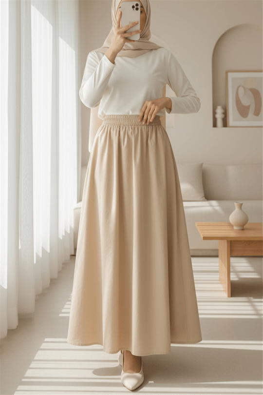 Beli Lastikli Çift Cepli Poplin Kloş Etek          -Somon