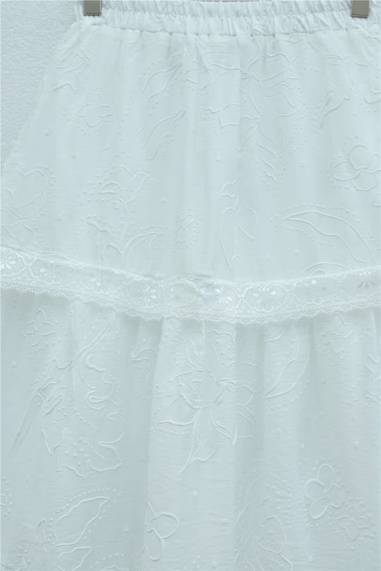 Beli Lastikli Dantel Detaylı Kabartmalı Astarlı Vual Etek -Beyaz