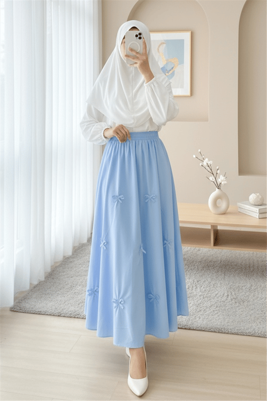 Beli Lastikli Fiyonk Detaylı Poplin Etek -Bebe Mavi