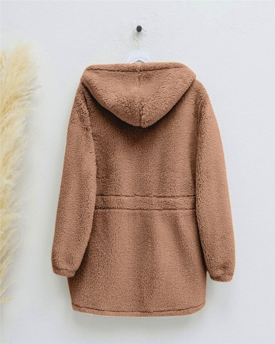 Beli Lastikli Kapşonlu Fermuarlı Peluş Mont   -Taba