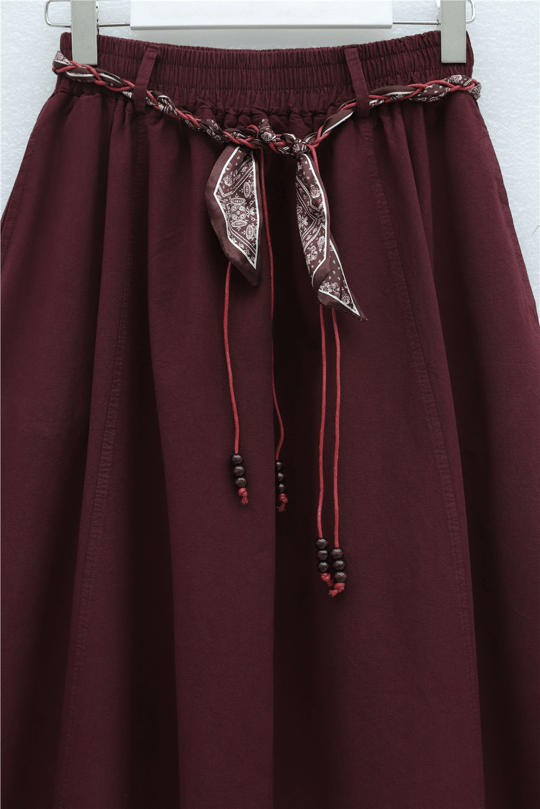 Beli Lastikli Kemerli Cepli Keten Etek -Bordo
