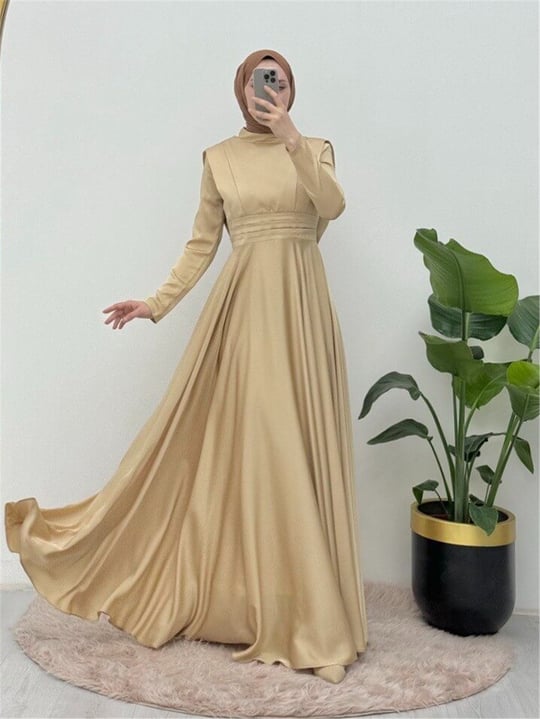 Beli Plise Detaylı Önü Çift Kat Saten Abiye  -Sarı