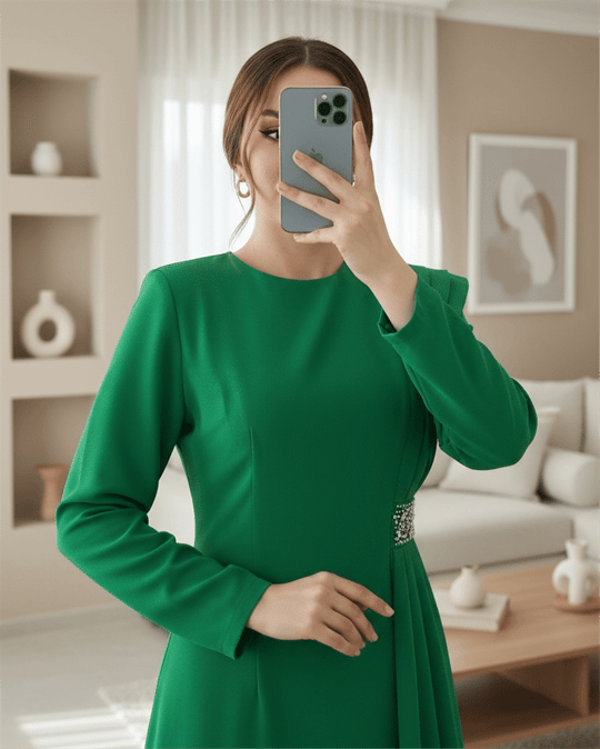 Beli Taş Detaylı Pileli Abiye -Yeşil