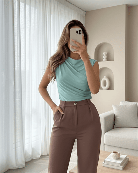 Bisiklet Yaka Sıfır Kol Sandy Bluz  -Mint