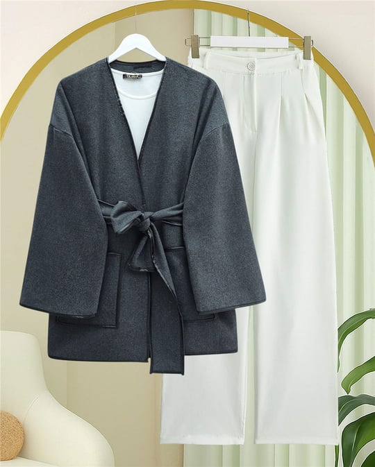 Biye Detaylı Çift Cepli Kuşaklı Kaşe Kimono -Füme
