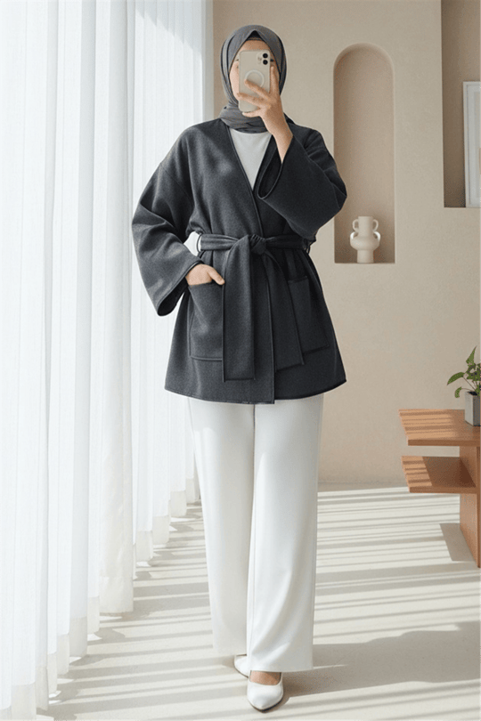 Biye Detaylı Çift Cepli Kuşaklı Kaşe Kimono -Füme